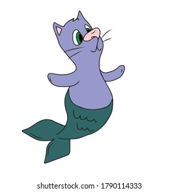 Funny cat mermaid.Vector children's design for greeting cards banners.Sticker