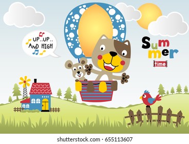 Funny cat with mice flying on hot air balloon, rural scenery background, vector cartoon illustration