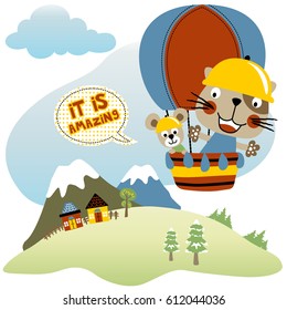 Funny cat and mice vacation with hot air balloon on mountain scenery background, vector cartoon illustration