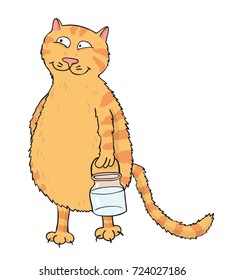 Funny cat with milk cartoon image. Artistic freehand drawing.