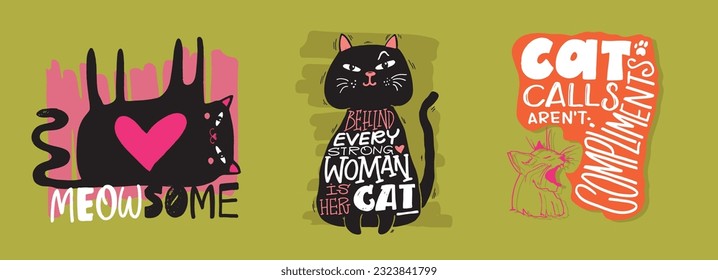 Funny Cat Mom lettering phrases set. Hand Lettering Quotes collection for T Shirt Design, Label stickers. Pet Moms life, Modern brush calligraphy. Inspiration graphic design typography element.