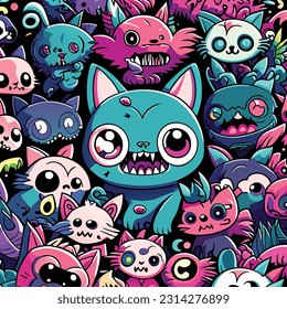Funny cat monsters seamless pattern for coloring book