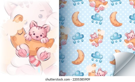 Funny cat in the moon - seamless pattern