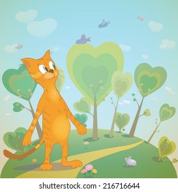 Funny cat with mouse and birds in fantasy world on background. Vector illustration