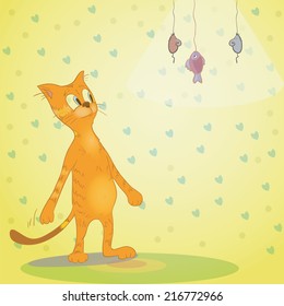 Funny cat with mouse and fish. Comical  illustration with place for text. Can be used as card