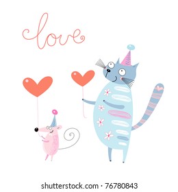 funny cat and mouse with hearts