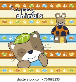Funny cat with mouse in mushroom home on colorful striped background, vector cartoon illustration
