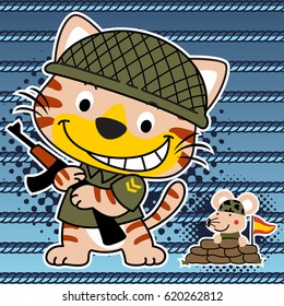 Funny cat and mouse in soldiers uniform with gun, vector cartoon illustration