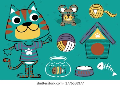 Funny cat and mouse with toys in hand drawn style