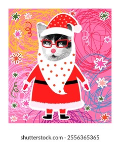 Funny cat with mustache, beard and eyeglasses in Santa Claus costume, Cute greeting card, poster or banner