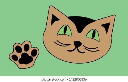 Funny cat muzzle and paw, cartoon style, template for print on clothes, fabric, textile, logo, cover, card. 