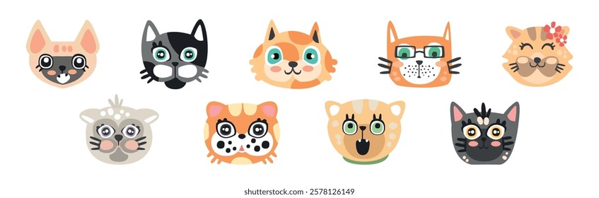 Funny Cat Muzzle and Smiling Snout Vector Set