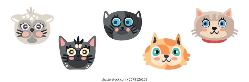 Funny Cat Muzzle and Smiling Snout Vector Set