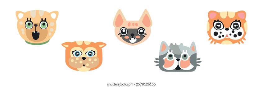 Funny Cat Muzzle and Smiling Snout Vector Set