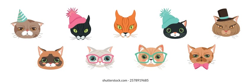 Funny Cat Muzzle and Snout with Whiskers Vector Set