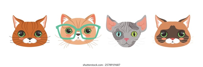 Funny Cat Muzzle and Snout with Whiskers Vector Set