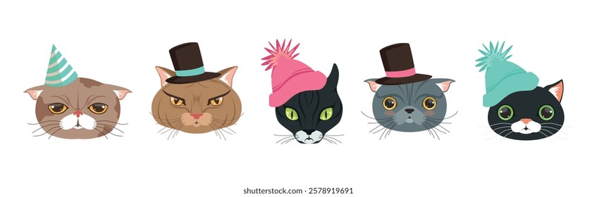 Funny Cat Muzzle and Snout with Whiskers Vector Set