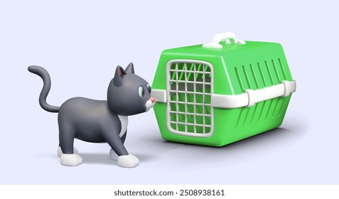 Gato divertido cerca del portador. Composición del Vector 3D. Concepto de transporte seguro de mascotas