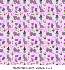 Funny cat in a New Year's hat and festive elements. Christmas and New Year seamless pattern. Boxes with gifts, candy canes, holly garlands with light bulbs, Christmas tree in a pot. Vector. For