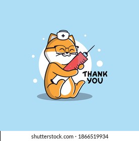 The funny cat is a nurse in the blue background. Cartoonish animal character with syringe and a lettering phrases - Thank you. A Little doctor is a good for medic designs, stickers, ads, t-shirts