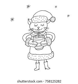 Funny cat. Nursery art. Minimalist scandinavian style. Character for kids card, print for t-shirt and more. Winter season.