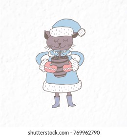 Funny cat. Nursery art. Minimalist scandinavian style. Character for kids card, print for t-shirt and more. Winter season.