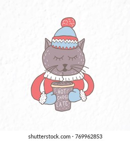 Funny cat. Nursery art. Minimalist scandinavian style. Character for kids card, print for t-shirt and more. Winter season.