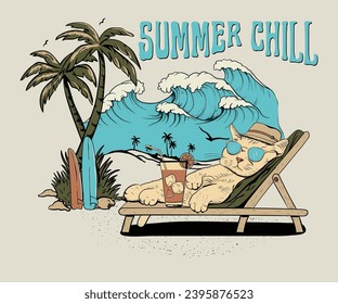 gato gracioso en jugo de silla de playa y ilustración del vector de sombrero, diseño de humor de surf de verano en la playa, escalofríos de verano, vacaciones de playa retro arte para camisetas, pegatinas, afiches, impresión gráfica, gato en la playa