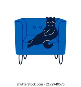 Funny Cat On Comfy Chair. Cartoon Domestic Pet Animal On Cozy Armchair. Sleeping Cute Cat Drawing. Vector Art