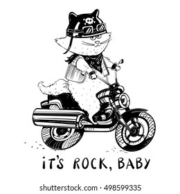 Funny cat on a motorcycle. Cat biker in a cartoon style. Cute cat in the style of ink doodle hand-drawn. Vector illustration.