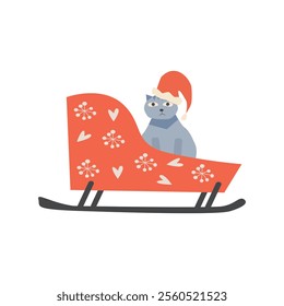 Funny cat on a New Year's sled. Vector illustration.
