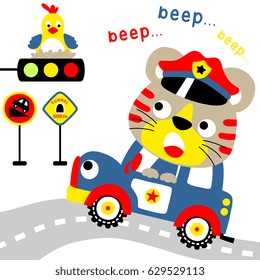 Funny cat on police car, bird laying eggs on stoplight, traffic elements, vector cartoon illustration