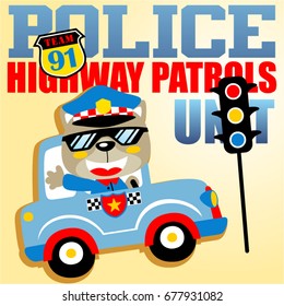 Funny cat on police car with stoplight and police logo, vector cartoon illustration