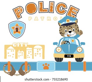 Funny cat on police car with police element, vector cartoon illustration