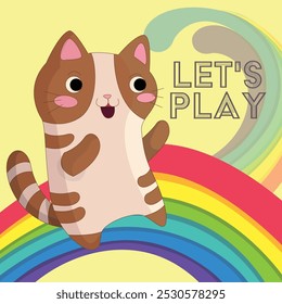 Funny cat on a rainbow vector, illustration, print for children's clothing, printing on paper.