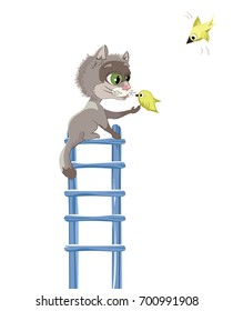  Funny Cat on the stairs with a bird cartoon style isolated on white background. Vector illustration.