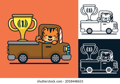 Funny cat on truck carrying big trophy. Vector cartoon illustration in flat icon style