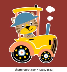 Funny cat on yellow tractor, vector cartoon illustration