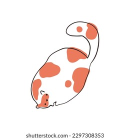 Funny cat in one line sketch style with spots. Vector isolated doodle illustration. Hand drawn cartoon character of cute fat pets. The limited pastel palette is ideal for printing