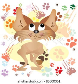 funny cat over colored paws background vector