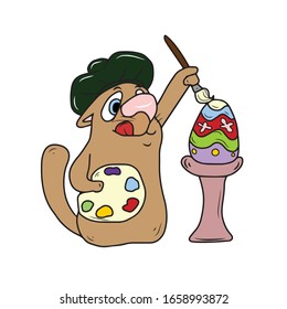 A funny cat with a palette draws an egg on a stoic..Vector design for banners and postcards, on a white isolated background.Easter holiday