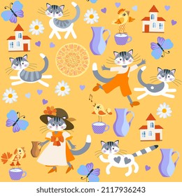 Funny cat parents in costumes and cute cartoon kittens children,  birds, cups and jugs of milk. houses, butterflies, sun, daisies and hearts isolated on light orange background. Seamless print for kid