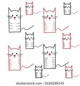 Funny cat pattern. Minimalist animal icons. Black red kittens. Vector cute composition.