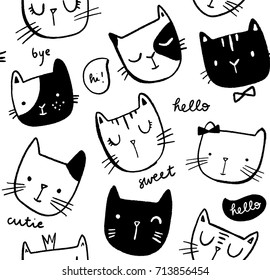 Funny cat pattern. Vector seamless hand drawn background in doodle style. 