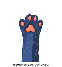 Funny Cat Paw with Pink Pads, Dark Fur and Claws Isolated on White Background. Animal Hand Raised Up. Childish Design Element for Pet Shop, Veterinary Clinic or Shelter. Cartoon Vector Illustration