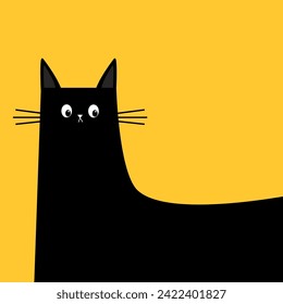 Funny cat peeking out from around the corner. Cute kawaii baby pet animal. Black square kitten surprised face. Cartoon character. Sticker, greeting card print. Flat design. Yellow background Vector