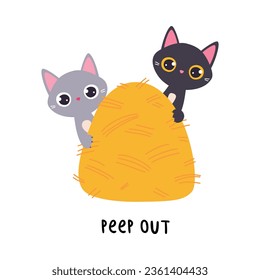 Funny Cat Peep Out from Hay Stack as English Verb for Educational Activity Vector Illustration