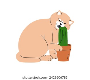 Funny cat pet. Cute kitty biting cactus in pot, houseplant. Adorable amusing feline animal chewing barbed spiky plant. Comic humor flat graphic vector illustration isolated on white background