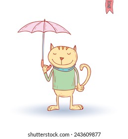 funny cat pet in the rain, vector illustration.