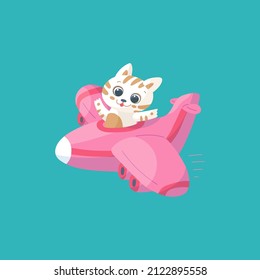 Funny cat pilot operates airplane, flat vector illustration isolated on green background. Childish cartoon animal character with concept of traveling and adventure.